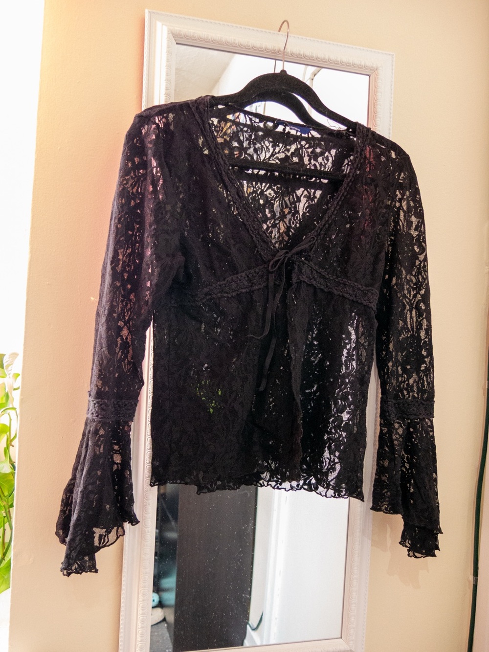 Black Lace Tie-Front Women's Top